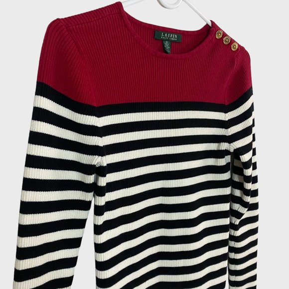 Lauren Ralph Lauren Rib-Knit Sweater Womens Medium Black White Striped Crewneck - Picture 4 of 12